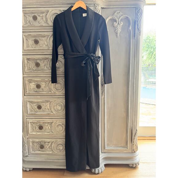Eliza J Dress Sz 6 Black Satin Trim Wrap Evening Gown Long Sleeve Formal NWOT - Picture 8 of 16
